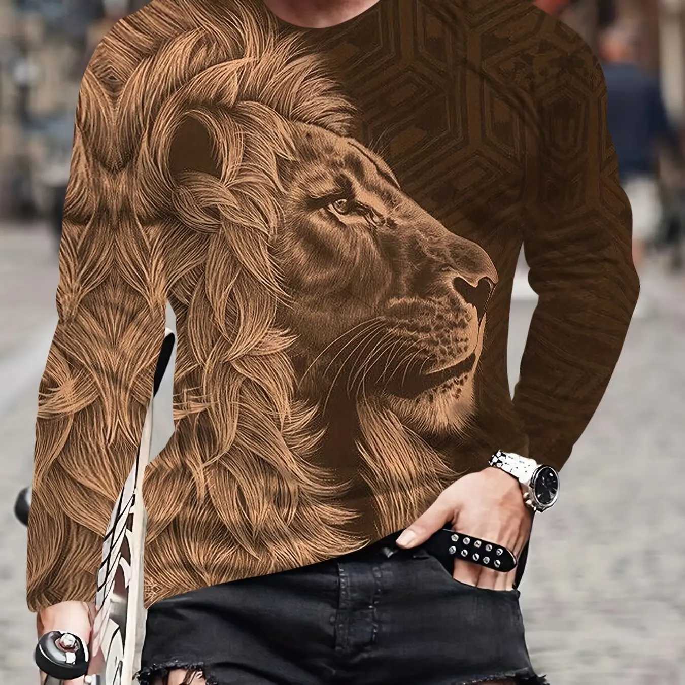 3d Lion Print Long Sleeved Mens T-Shirt Summer Quick Dry Cotton T-Shirt For Men Streetwear Man Clothing Loose Oversized Tee TopM240814