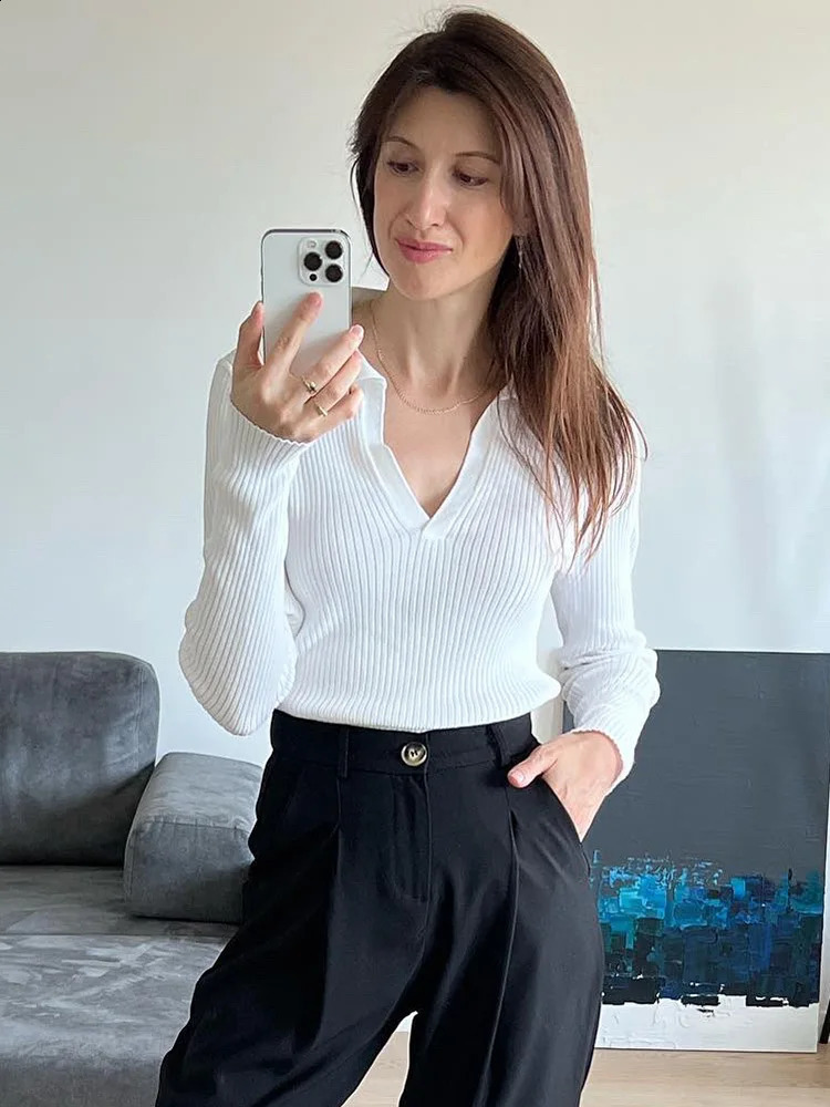 Cotton knitted polo shirt for women V-neck sweater with collar long sleeved ribbed top 240827