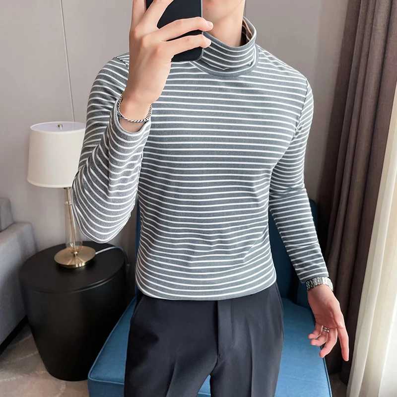 Black Grey Long-Sleeve Shirt Men T-shirt O-Neck Stripe T-Shirt Men Shirt Navy Vintage Basic Cotton Turtleneck T-Shirt S-4XLM240814