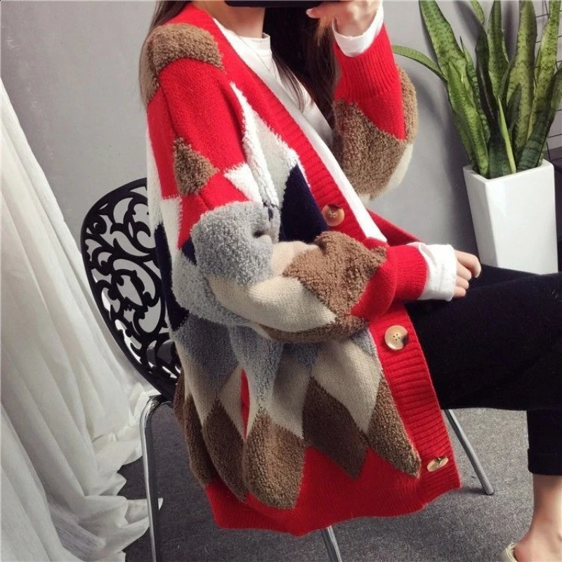 Slouchy Style Sweater Womens Cardigan Loose Autumn and Winter Korean Outerwear Knitted Jacket Medium Length 240712
