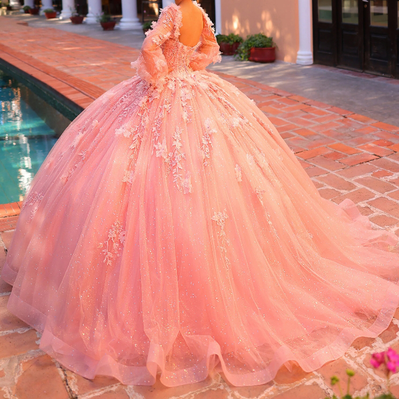 Pink Shiny Quinceanera Dress Ball Gown 2025 Long Sleeve Applique Lace Beads Vestidos De 15 Anos Sweet 16 Birthday Party Pageant Miss