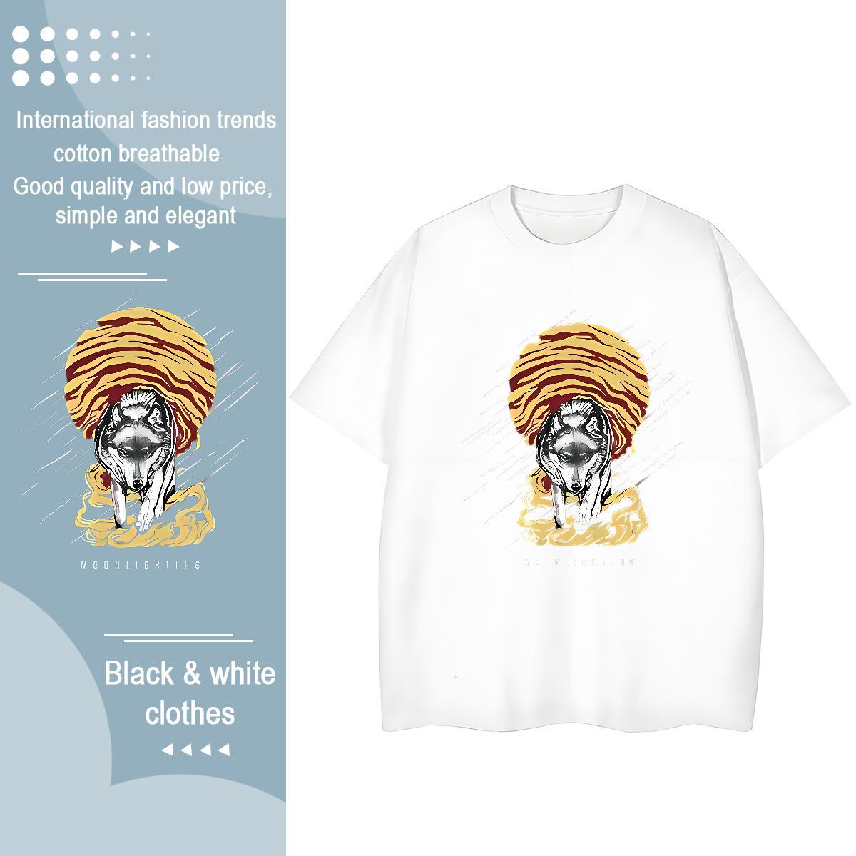 Brand T-Shirts for Men wolf Breathable Crew Neck Anime Printing Street Floral Print 230g Pure Cotton Men Tops Tees DIY Tee Shirt