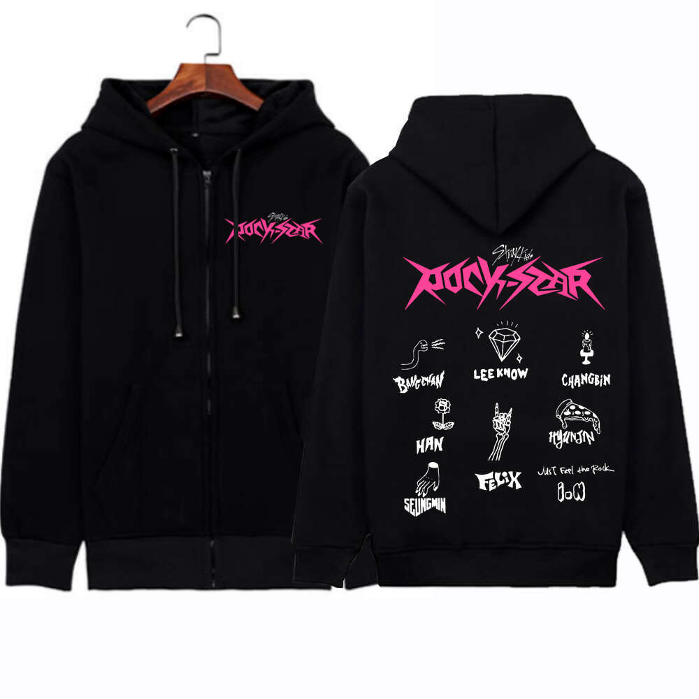 2024 ROCK-STAR Hot Stray Kids Zipper Hoodie StrayKids Hoodies Trendy Sweatshirts Winter Plus Size Warm Woman Zip-up Jacket Coats s