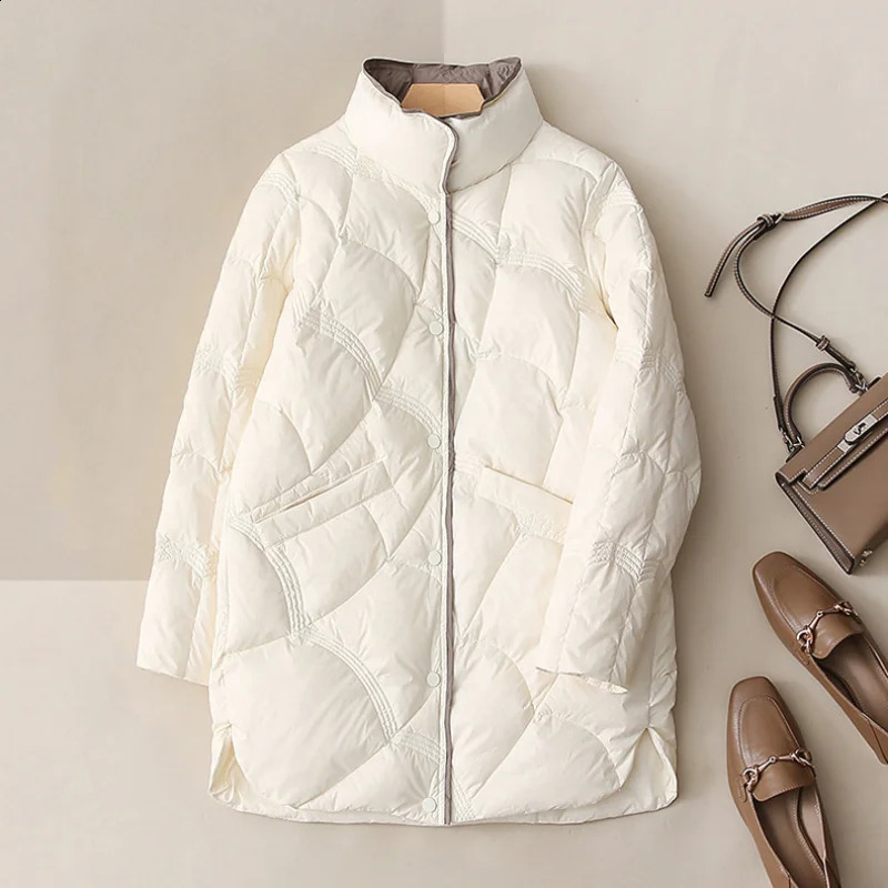 Winter Fashion Stand Collar X-Long Women Down Jackets Female Casual Loose Ultra Lightweigh White Duck Down Warm Coat 240813