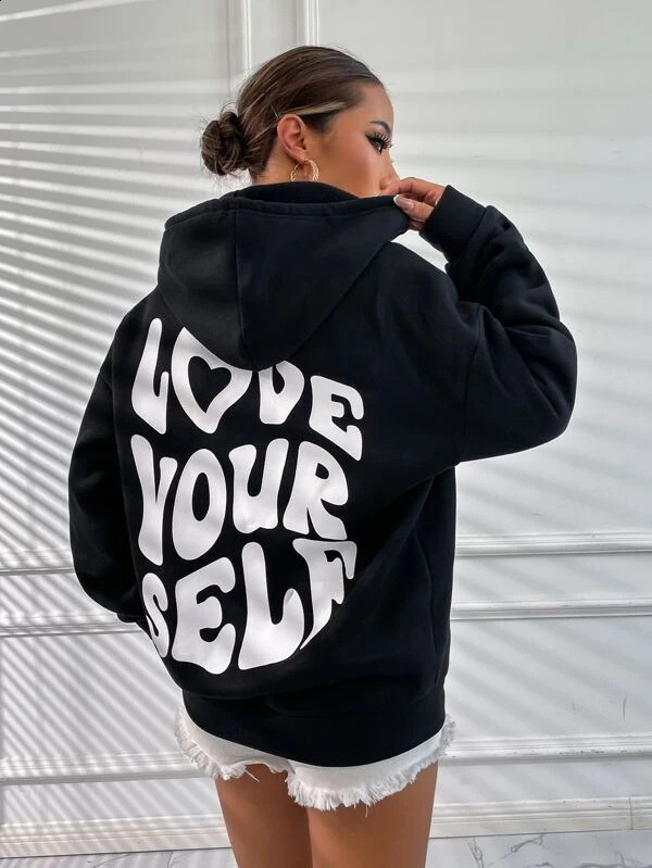Love Yourself Hooded Off Shoulder Hoodie Solid Letter Hoodie Oversized Hoodie 240722