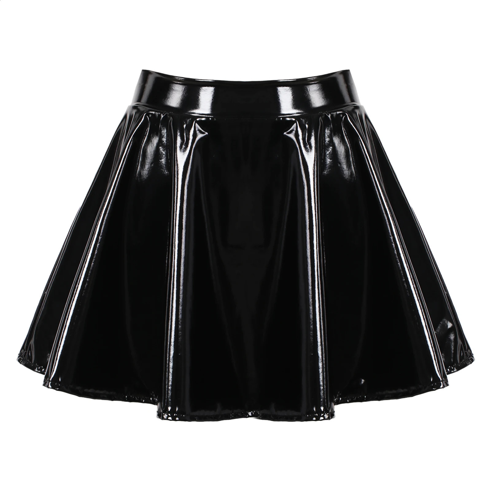 Womens Glossy Latex Patent Leather Wet Look Flared Pleated Mini Skater Skirts Casual Aline Short Clubwear y240924