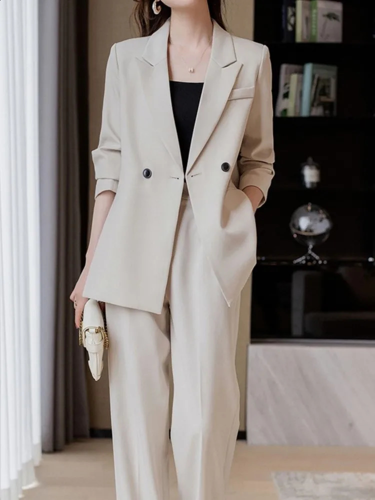 Korean Fashion Elegant Solid Women Blazer Pantsuit Casual Vintage Chic Suit Jackets Straight Pants 2 Pieces Set Female Outfits 240813