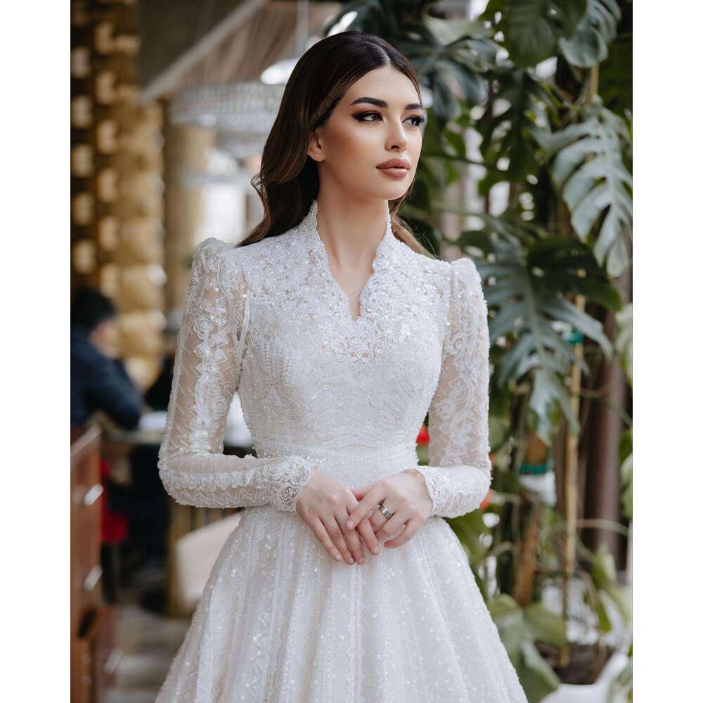 Dresses Beading Wedding Sequins V Neck Long Sleeves Lace A E Bridal Gowns Custom Made Sweep Train Robe De Mariee 6660307