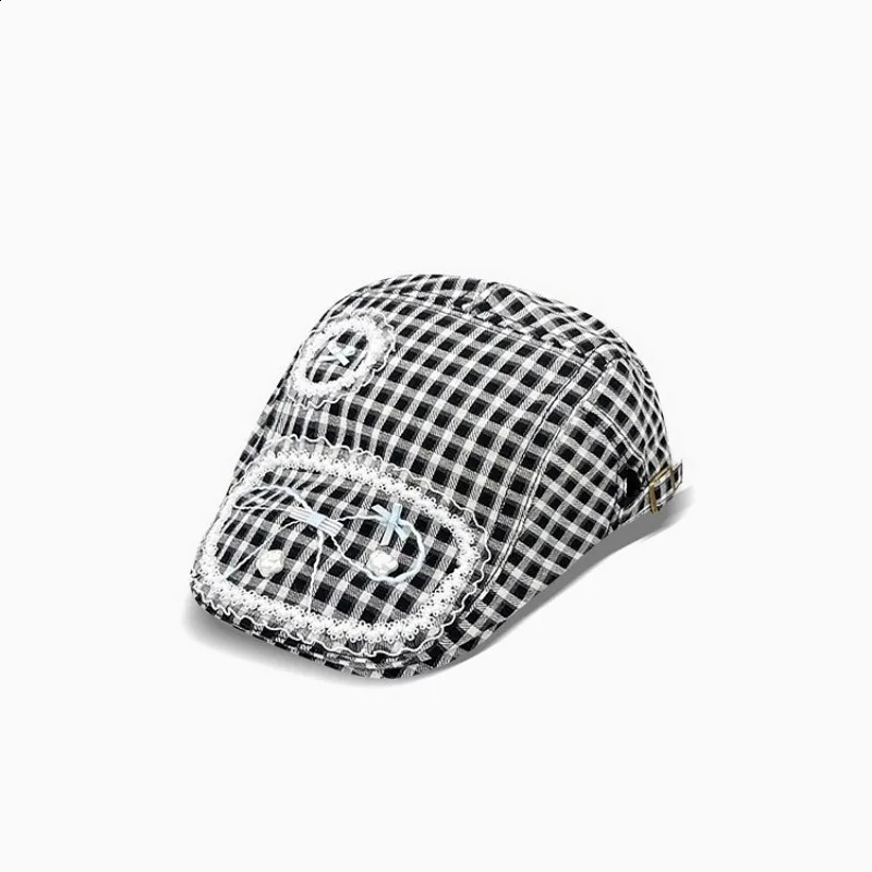 Japanese Sweet Y2k Bow Plaid Forward Hat Women Spring and Summer Casual Versatile Lace Pearl Literary Sunshade Painter Cap 240805