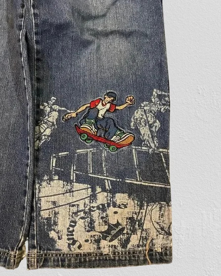 Pants Mens Haruku Hip-Hop Gothic Skateboarding Boy Graphic Embroidery Jeans Retro Blue Pocket Torn Trouser240813