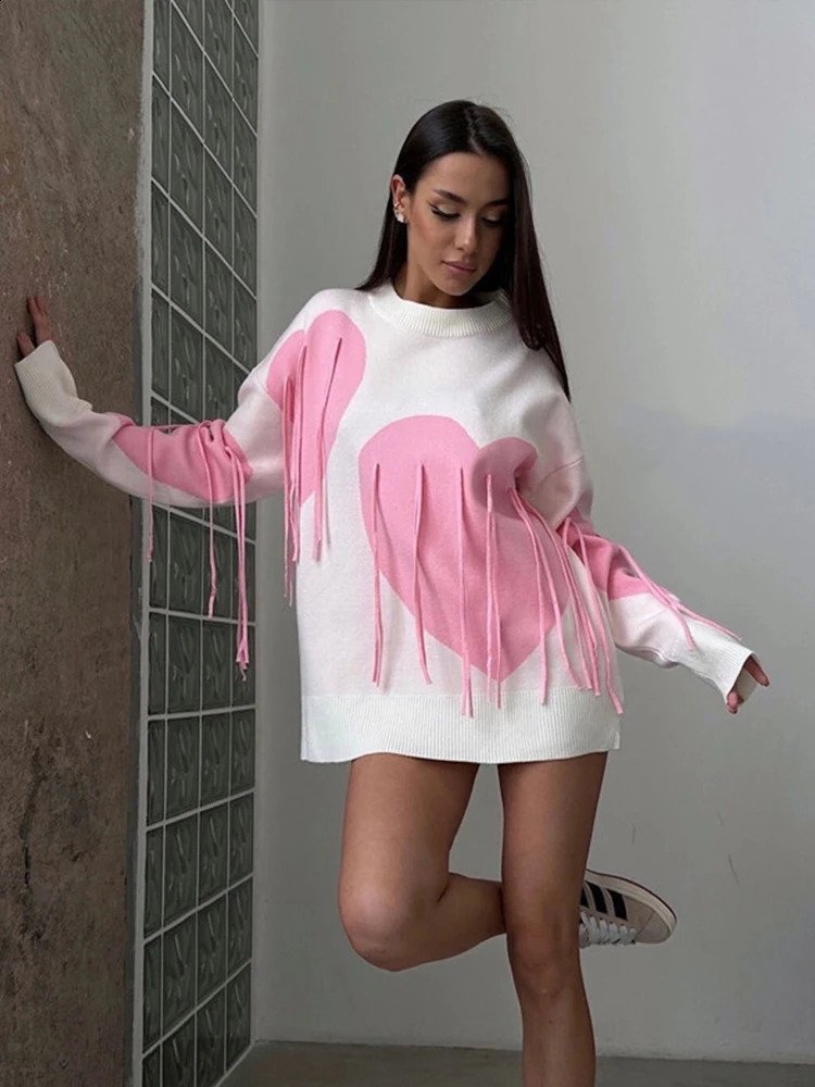 Casual Knitted Tassel Love Print Sweater Women Loose O-neck Long Sleeve Female Sweaters Autumn Fashion Lady Streetwears 240812