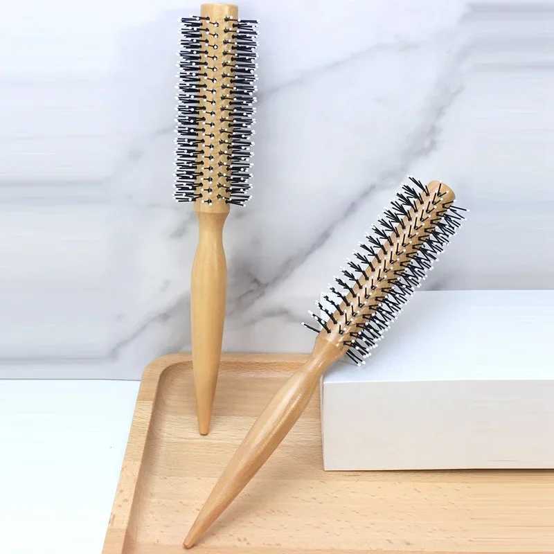 Mini round nylon hair brush with curly styling comb suitable for thin or short haired men with wooden handle W240813
