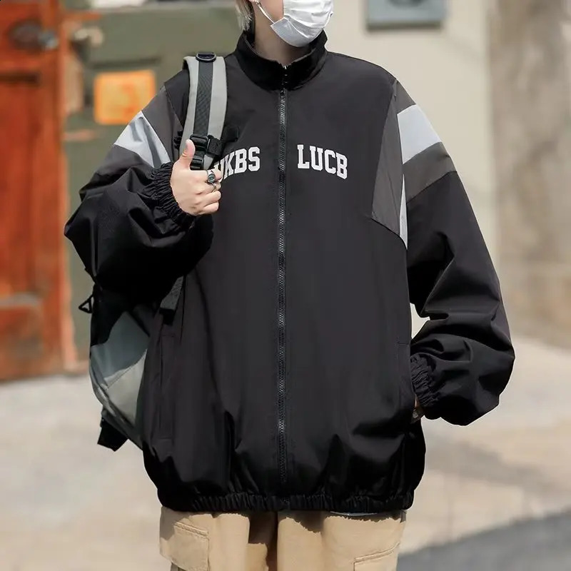 Spring and autumn mens retro patch work stand up collar jacket loose casual thin sports top fashion version baseball 240809