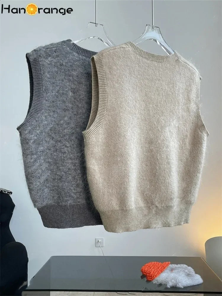 HanOrange 2024 Autumn Winter Simple Soft Mohair V-neck Sweater Women Knitted Vest GreyOat 240813