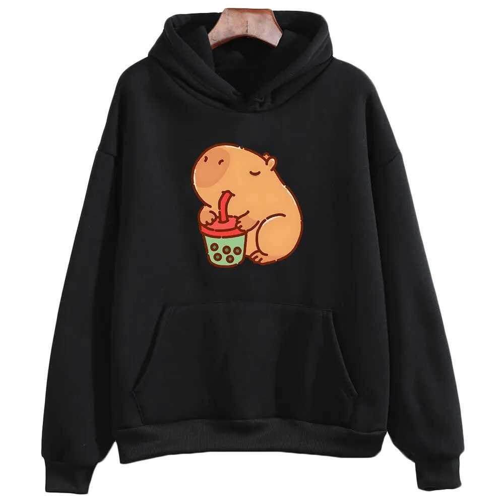 Capybara Drink Bubble Tea Hoodie Kawaii Animal Cartoon Graphic Sweatshirt Kids Clothes Girl Long Sleeve Hooded Boys Top HarajukuY240814