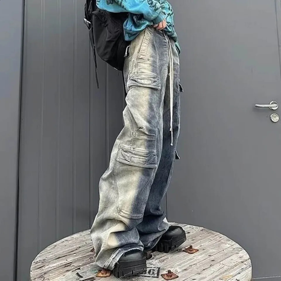 Men Pants Gradient Jeans Multi-pockets Drawstring Oversized Polyester Ribbons Streetwear 1 Pc Baggy Comfortable 240814