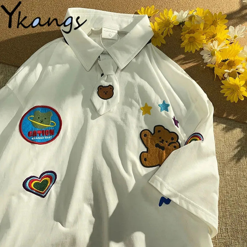 Women Cute Cartoon Bear Appliques POLO Collar T-Shirt Summer Aesthetic Kawaii Harajuku Loose Korean Style Student Blouse Female 240814