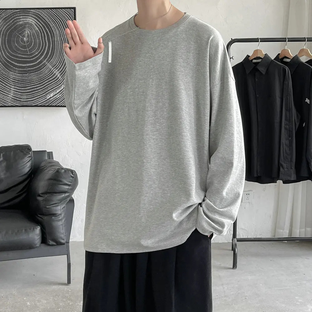 Long Sleeve Casual Solid Color Cotton T Shirt For Men Spring Autumn O-neck Oversized Mens T-shirt 240814