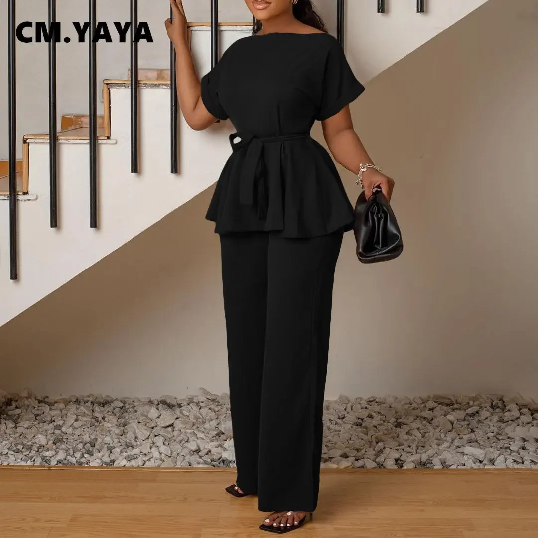 CM.YAYA Vintage Chic Womens Set Short Sleeve Slash Neck T-shirt and Wide Leg Pants Suit Two 2 Piece Set Outfits Tracksuit 240813