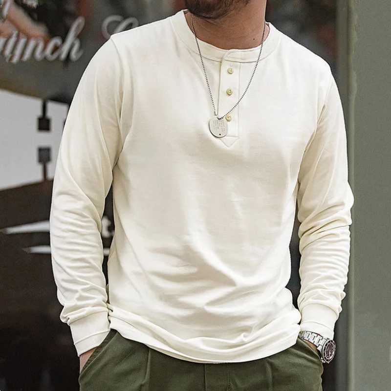 American Vintage Casual Daily Stand Neck T-shirt Mens Solid Patchwork Button Trendy Temperament Simple Cotton Long Sleeved TopM240814