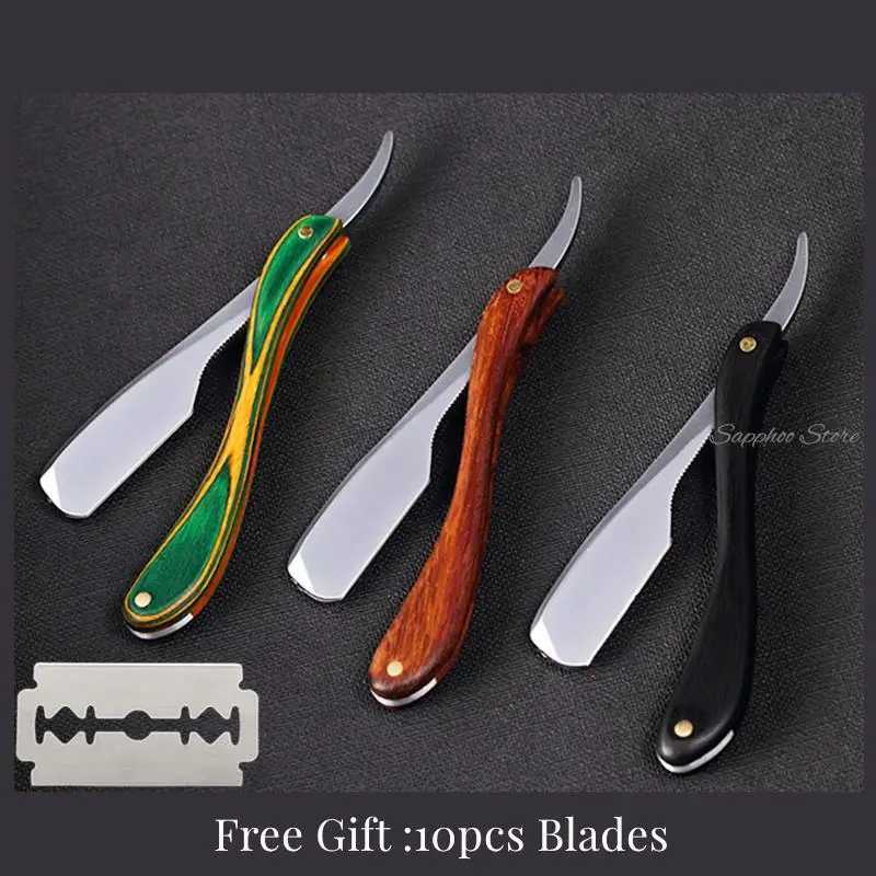 Men Shaving Barber Tools Straight Manual Razor Hairdressing Knife Eyebrow Shaving Stainless Steel Straight Razor Free 10 BladesM240814