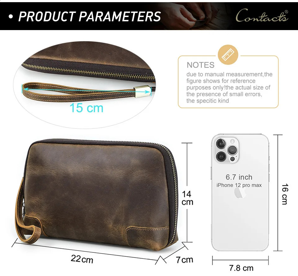 Retro mens leather clutch bag brown cowhide leather storage bag travel toilet kit washing bag mens leather handbag 240812