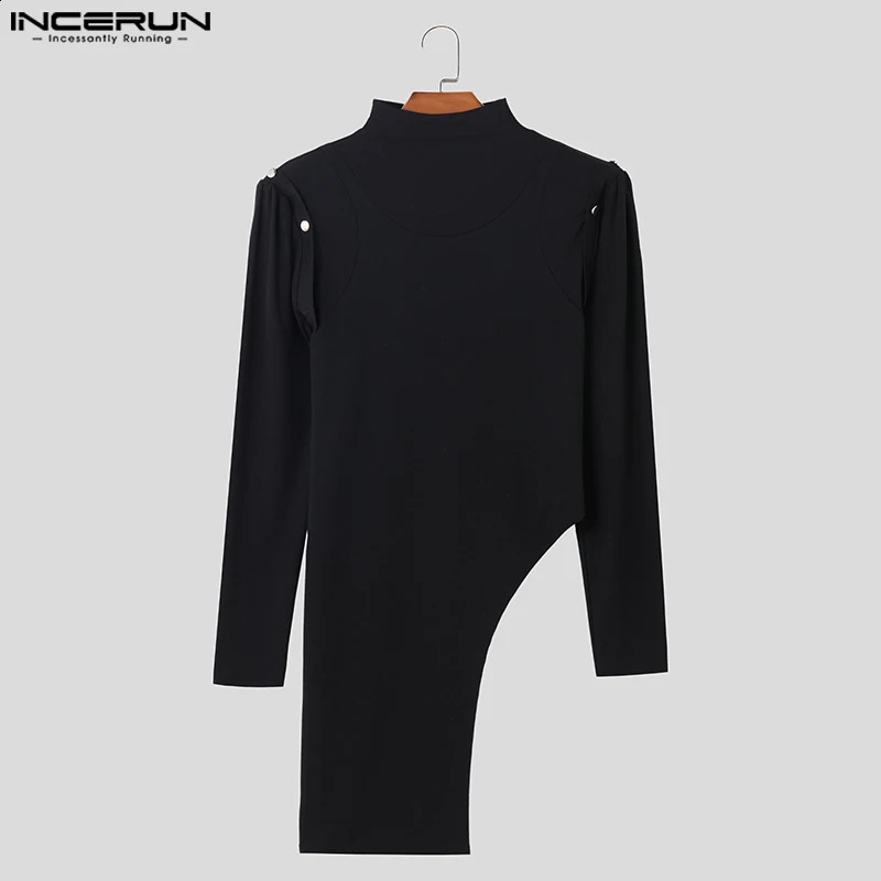 INCERUN Men Irregular T Shirts Patchwork Long Sleeve Off Shoulder Patchwork Turtleneck Men Clothing Streetwear Camisetas 240814