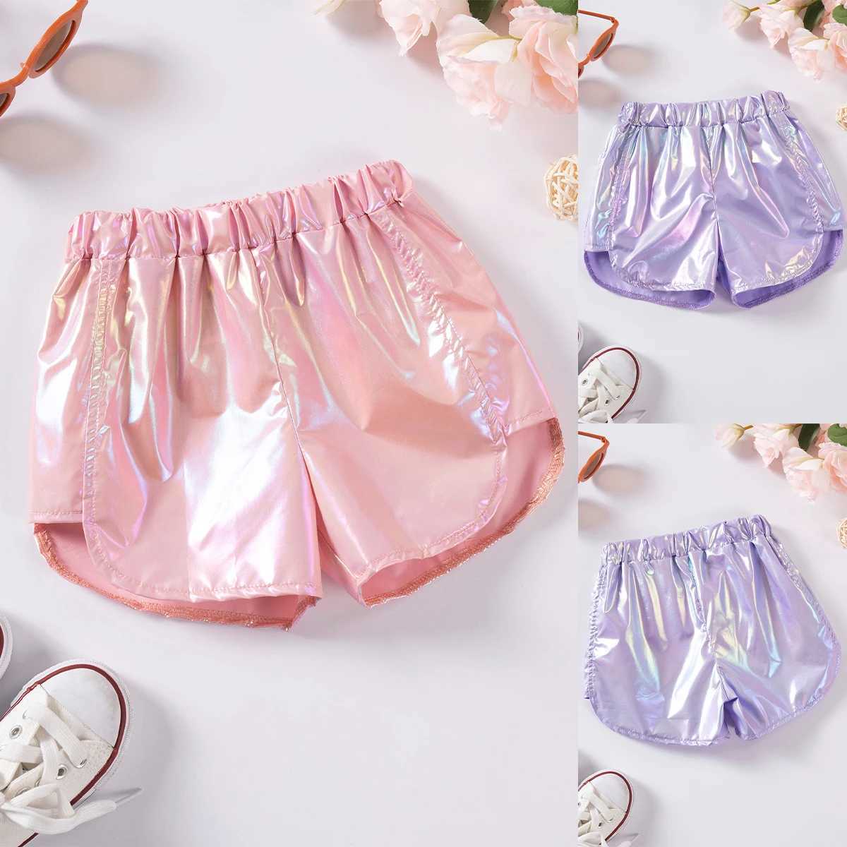 2 pieces of girls fashionable shorts childrens clothing dazzling childrens clothing polyester fabric solid color sports pants elastic waist W240813