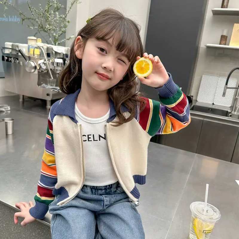 Autumn and winter fashion Korean Kawaii girls cardigan wool sweater patchwork childrens top casual long sleeved sweater cute Y2K childrens clothing W2