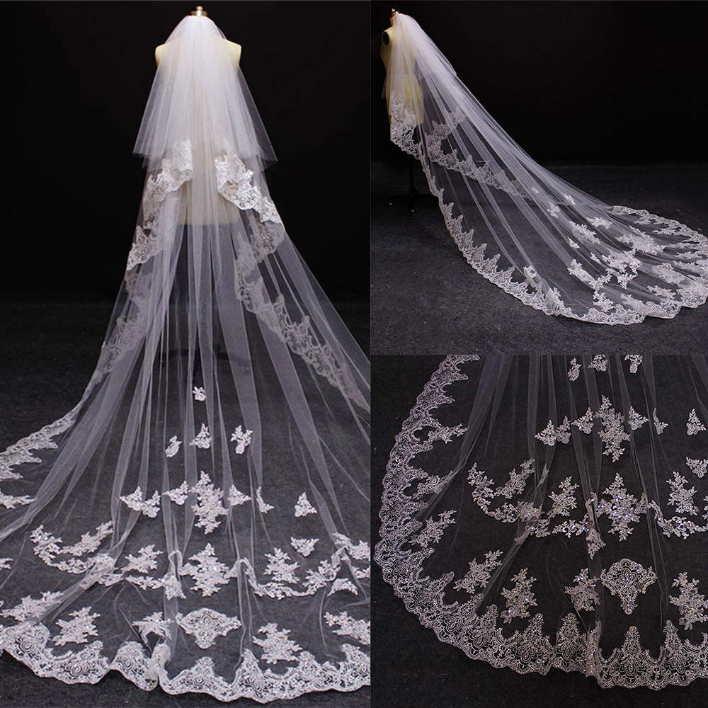 Luxury Wedding Veil Appliques Lace Long Special Cut Royal Bridal Veil with Comb Veil 3M White Ivory Wedding Accessories Custom Made
