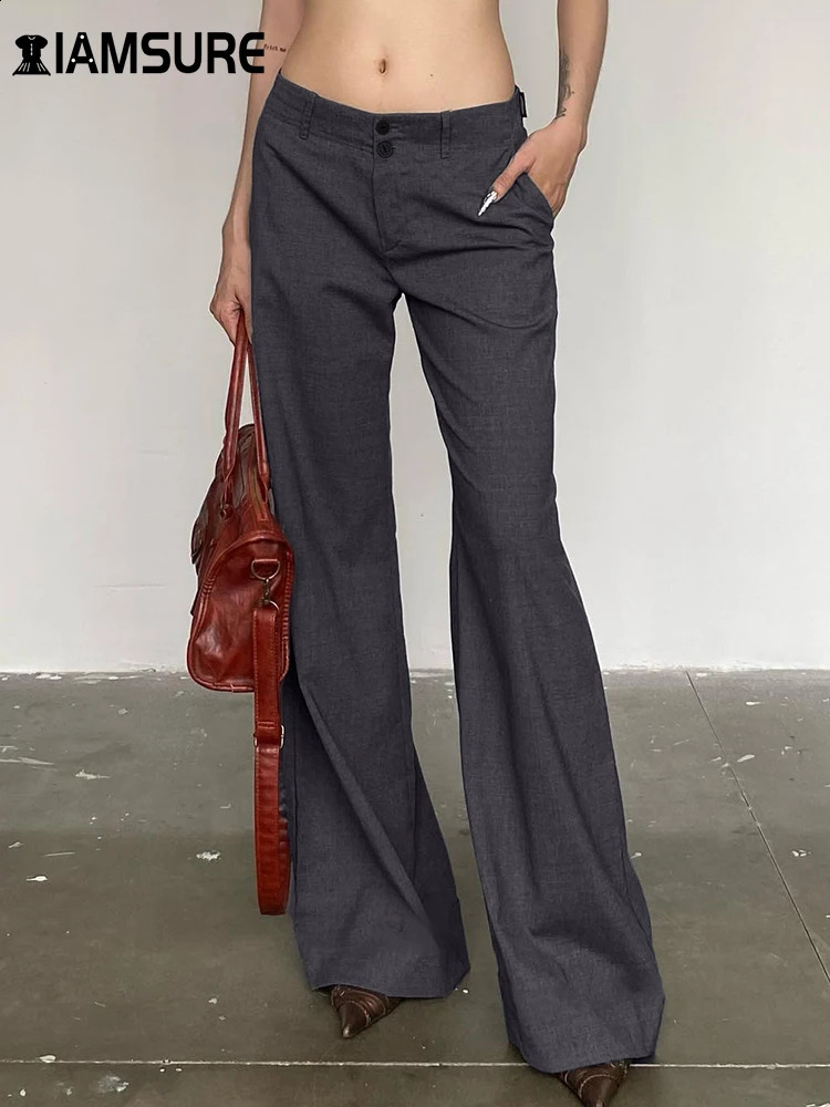 IAMSURE Casual Basic Solid Straight Suitpants Office Elegant Slim Low-Waisted Wide Leg Pants Women Autumn Spring Streetwear 250421
