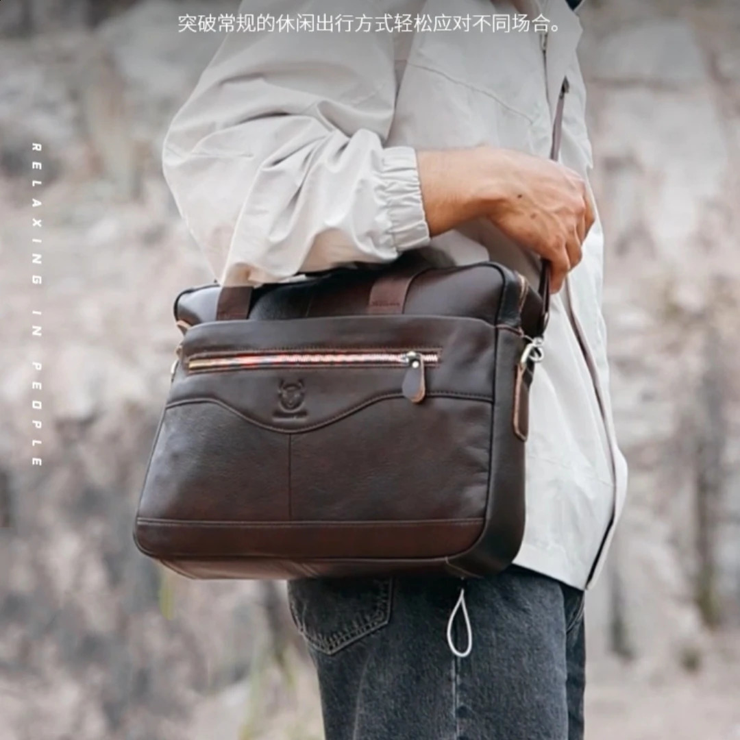 Briefcase Shoulder Messenger Bags Mens Genuine Leather 14-Inch Laptop Bags Mens Briefcase Office Business Handbag 240813