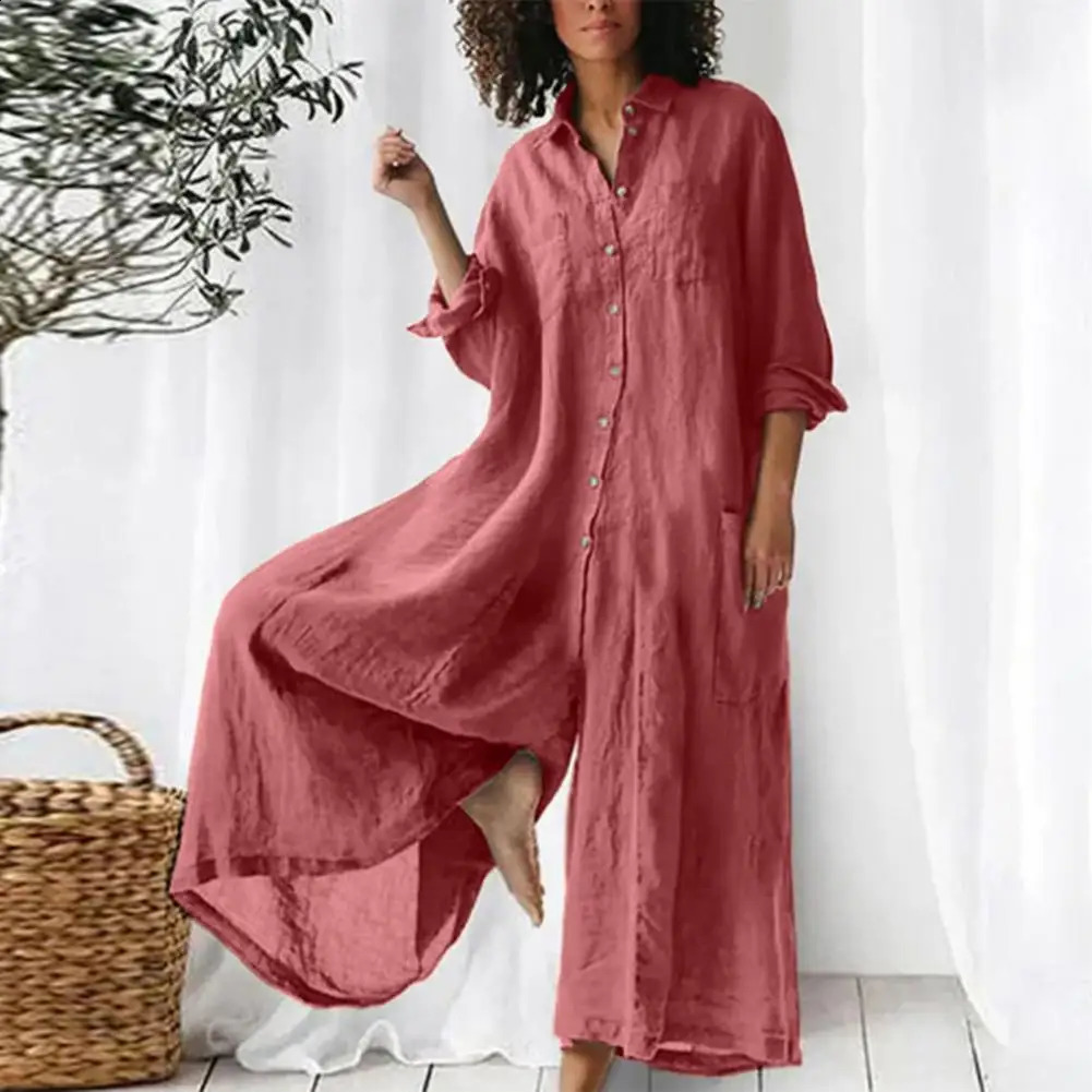Women Jumpsuit Spring Summer Turndown Collar Loose Cotton Linen Breathable Casual Wide Legs Pants Long Romper Daily Wear 240813