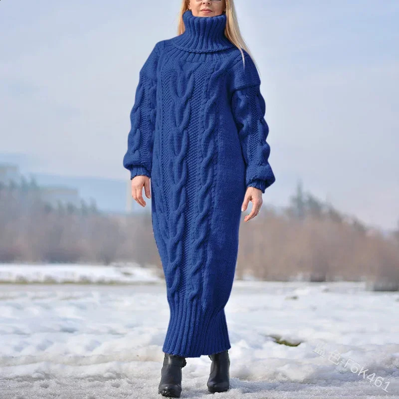 2024 Autumn Winter Solid Color Turtleneck Pullover Twisted Loose Knitted Sweater Long Dress Sweater for Women 240813