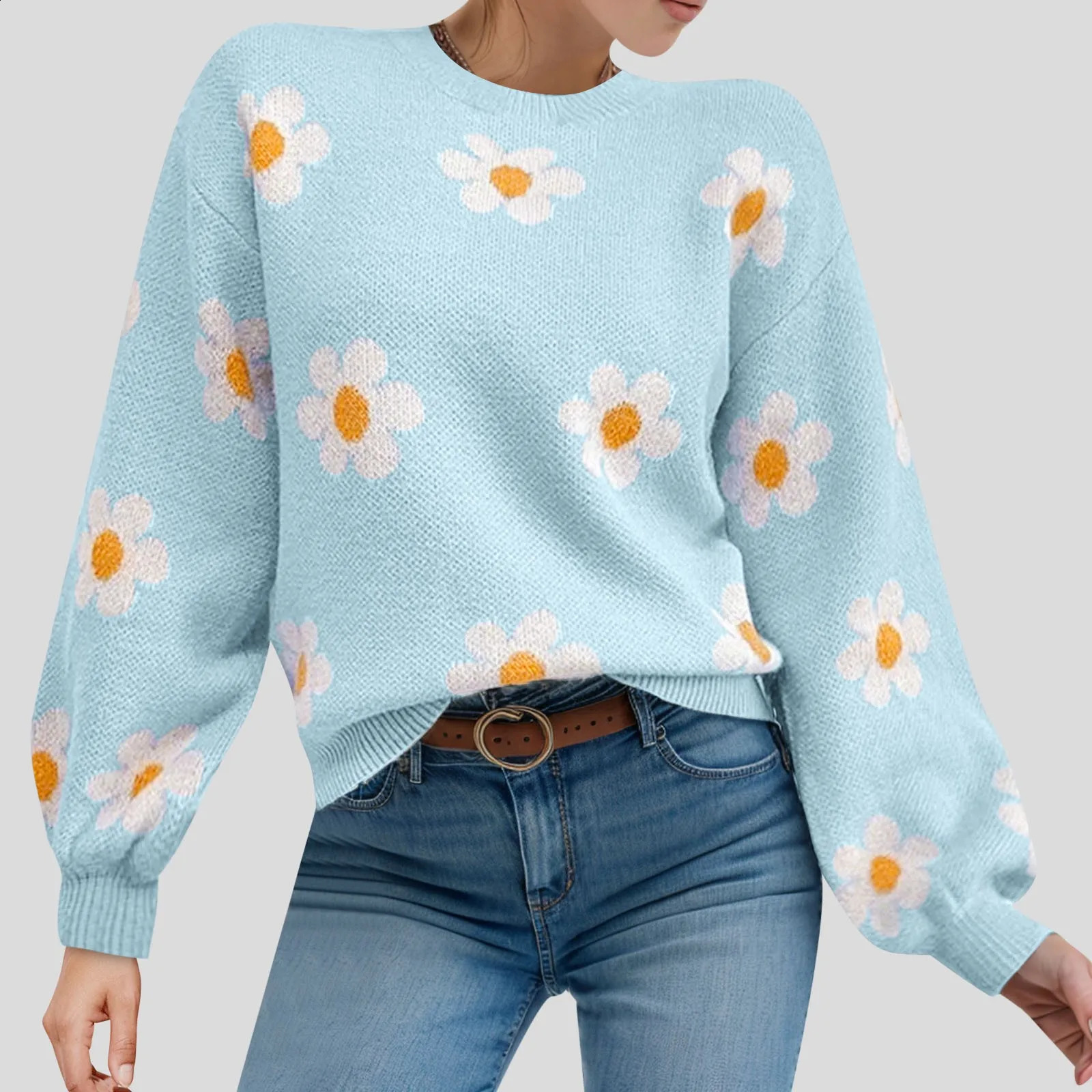 2024 Fall Sweater Women Fashion Round Neck Flower Printed Long Sleeve Ribbed Knitted Pullover Top Autumn Winter Outfits 240814