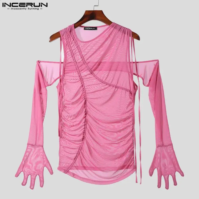 Men T Shirt Mesh Transparent Lace Up Pleated Irregular Tee Tops Streetwear Solid Off Shoulder Long Sleeve Camsietas INCERUN 240814