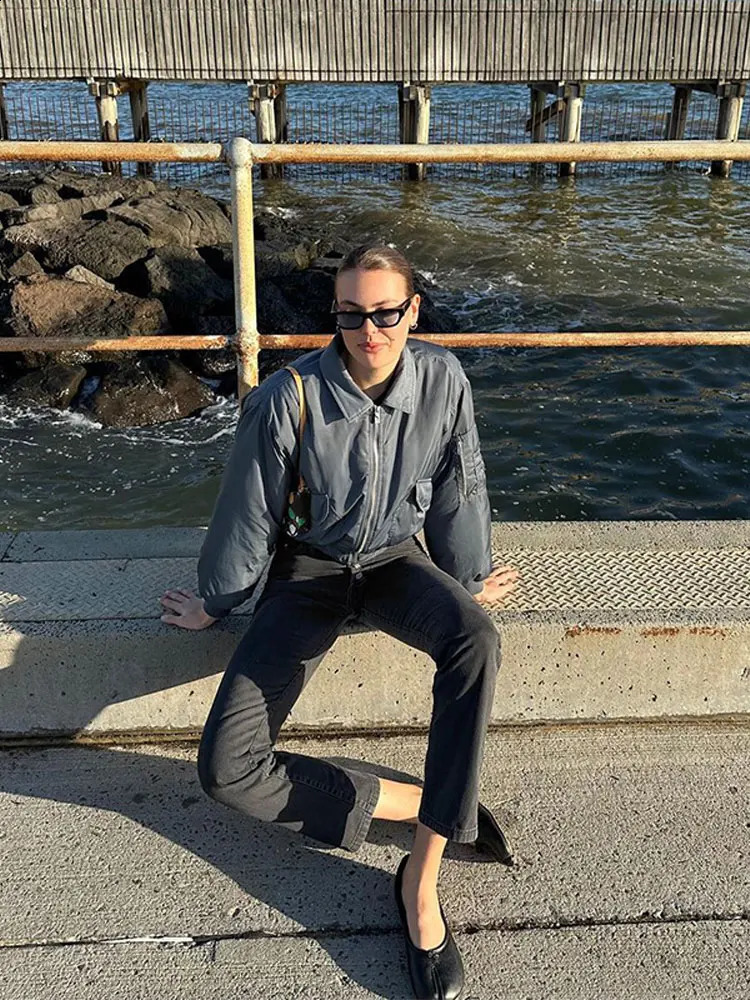 Women Zipper Lapel Short Bomber Jacket With Pockets Loose Long Sleeve Cropped Coat Autumn Female High Street Outerwear 240813