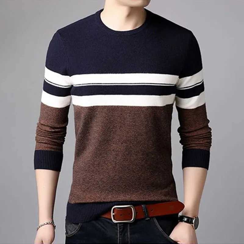 New autumn and winter Korean casual round neck sweater with solid stripes stitched thread pattern long sleeved knitted topW240729