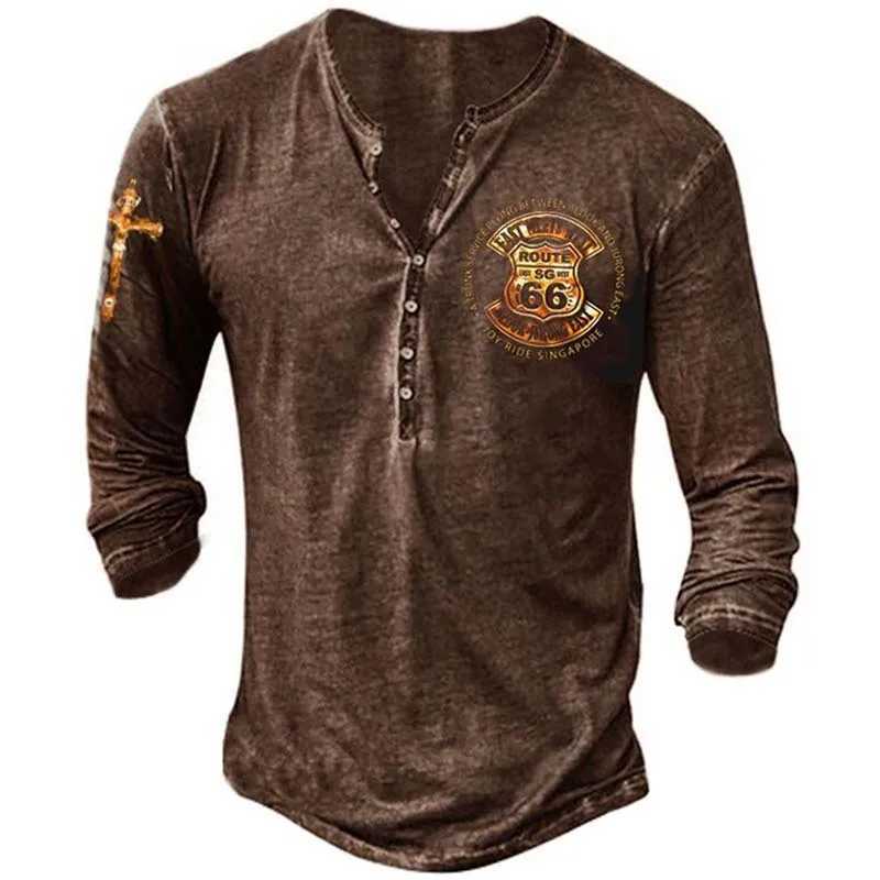 Vintage Mens T-shirts With Buttons Spring Summer V-Neck Long Sleeve Letter Printing Oversized T Shirts For Men S-5XLM240814