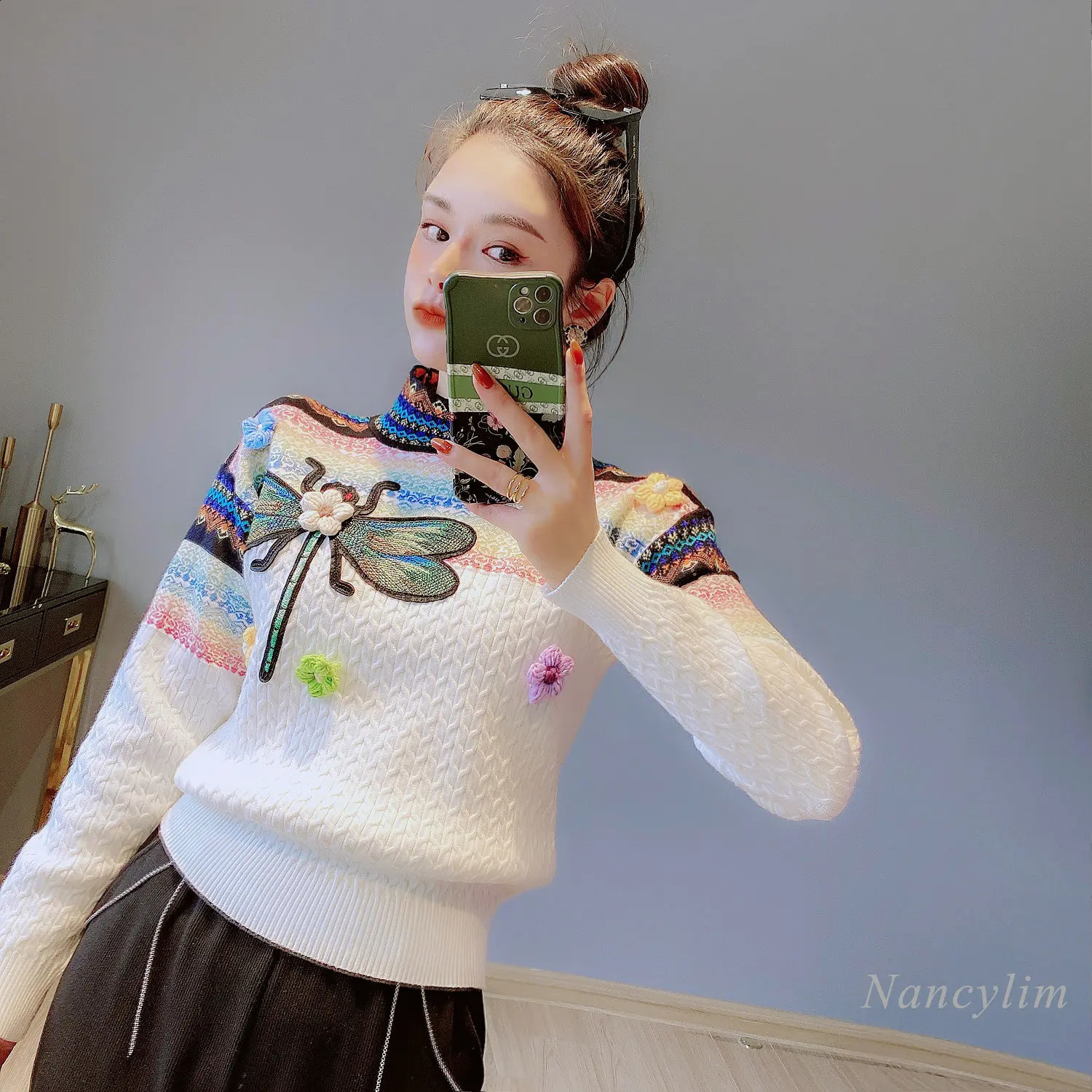 Spring Autumn Round Neck Long Sleeve Contrast Color Twist Sweater Womens Three-Dimensional Flower Dragonfly Pull Femme 240813