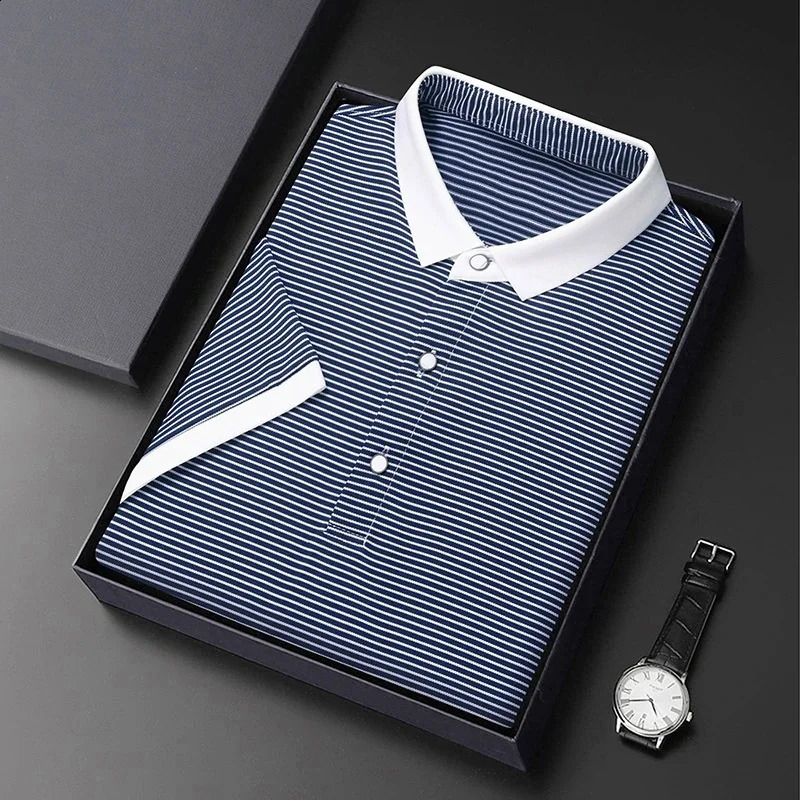 2024 Mens Striped Cotton Business Casual Short Sleeved POLO Shirt Fashion Short Sleeved Comfortable and Breathable Top o240814