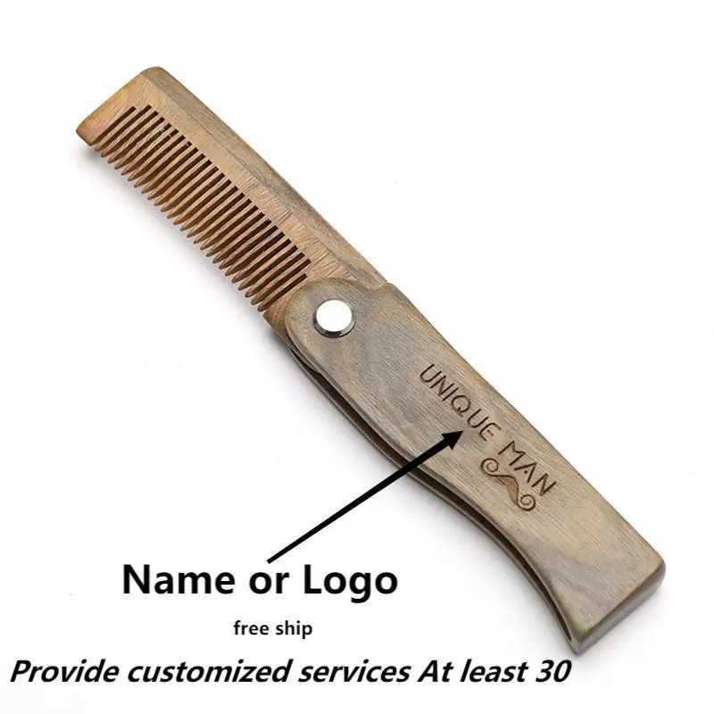Folding wood beard comb mens natural sandalwood beard mustard hair comb salon hairdressing styling tools accessories W240813