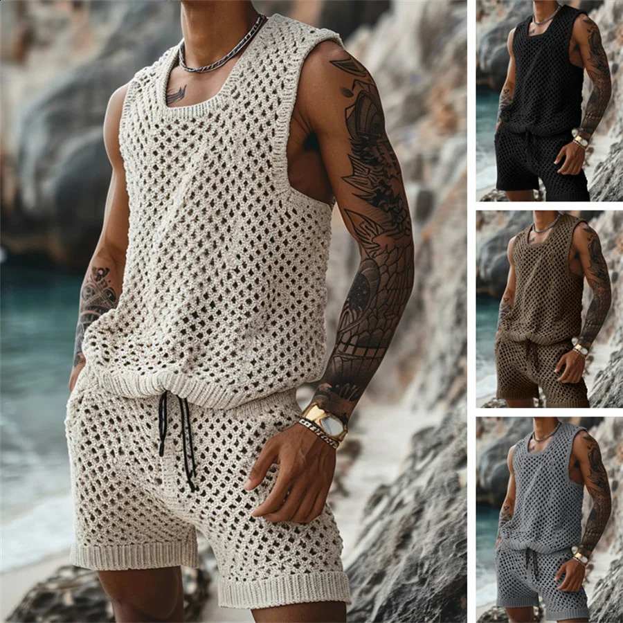 2024 Summer Mens Casual Knitted Two Piece Sets Solid Loose Tank Tops and Shorts Beach Sports Suit Men Hollow Out Streetwear 240814