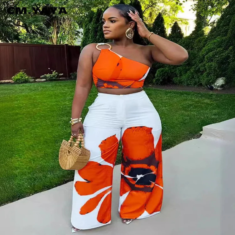 CM.YAYA Women Set Floral Print Sleeveless Skew Collar Tops Wide Leg Pants Two 2 Piece Set Outfit 2024 Summer Street Tracksuit 240813