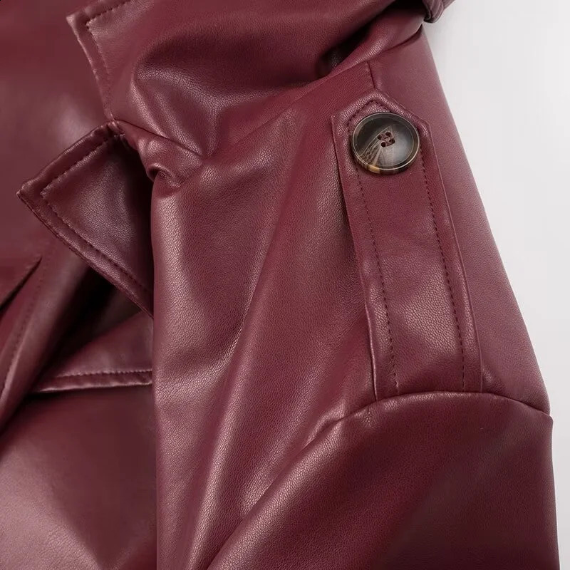 KEYANKETIAN 2024 Womens Burgundy Faux Leather Coat Retro Fashion With Belt Pockets Loose Extended Overcoat Outerwear 240813