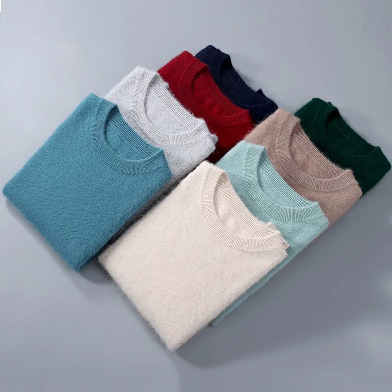100% Pure Mink Cashmere Mens Sweater O-Neck Pullovers Knit Sweater Autumn and Winter Long Sleeve High-End Jumpers Mink Tops 240821