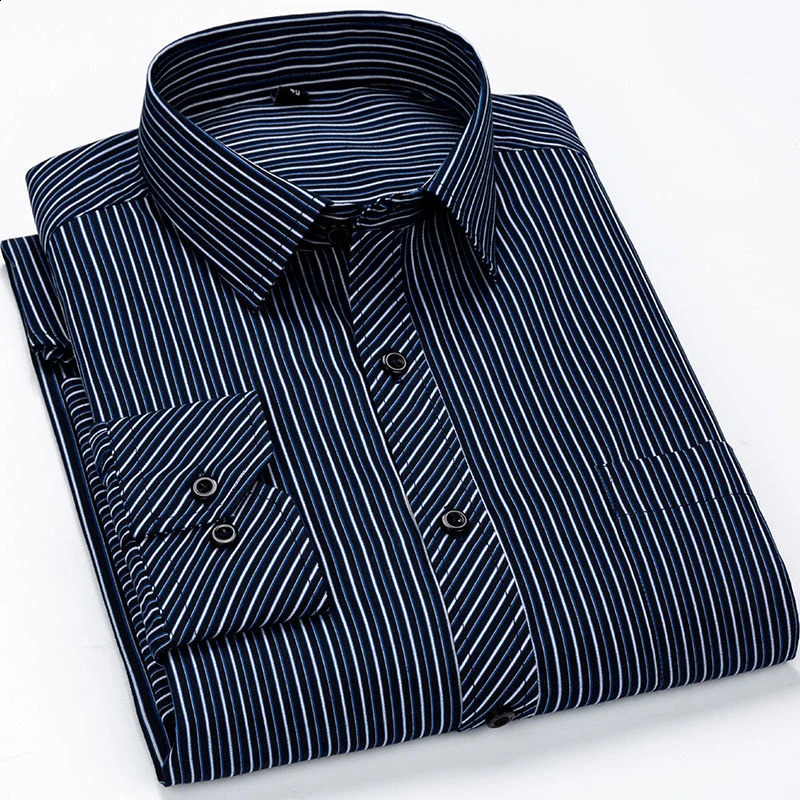 Oversized 9XL 8XL 48 47 Mens Long Sleeved Shirt Casual Business Classic Plaid Striped Slim Fit Button Male Social Dress Shirts 240814