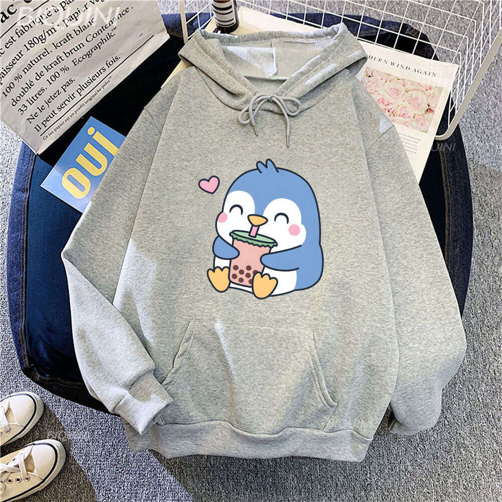 Boba Bubble Milk Tea Cartoon Hoodies Women Penguin Graphic Sweatshirts Unisex Clothes Kawaii Anime Haruku Plus Size Hoodie