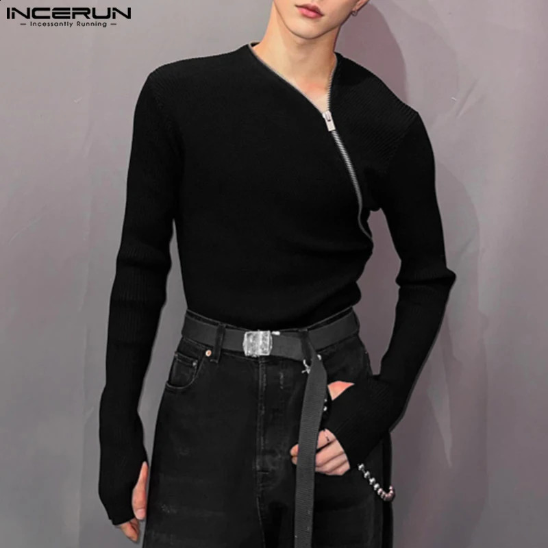 Mens T Shirt Zipper Solid Color Long Sleeve Fashion Men Clothing Streetwear Fitness Korean Casual Tee Tops S-5XL INCERUN 240814