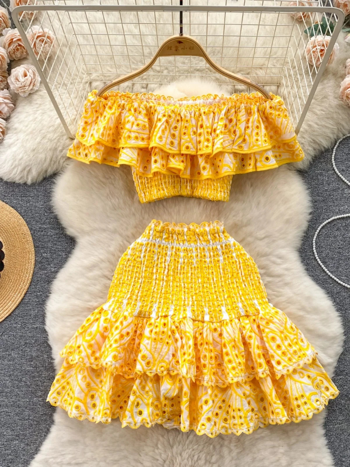 Bohemia Holiday Women Skirts Set Crochet Hollow Out Off-shoulder Tops A-line Mini Skirt Two Piece Sets Womens Outifits Dropship 240810
